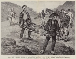 La guerra in Oriente, portando i feriti dal fronte dopo uno scontro durante una ricognizione